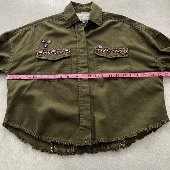Beautiful Stories Button Up Shirt Womens Size XS Green Embellished Military - Picture 9 of 10